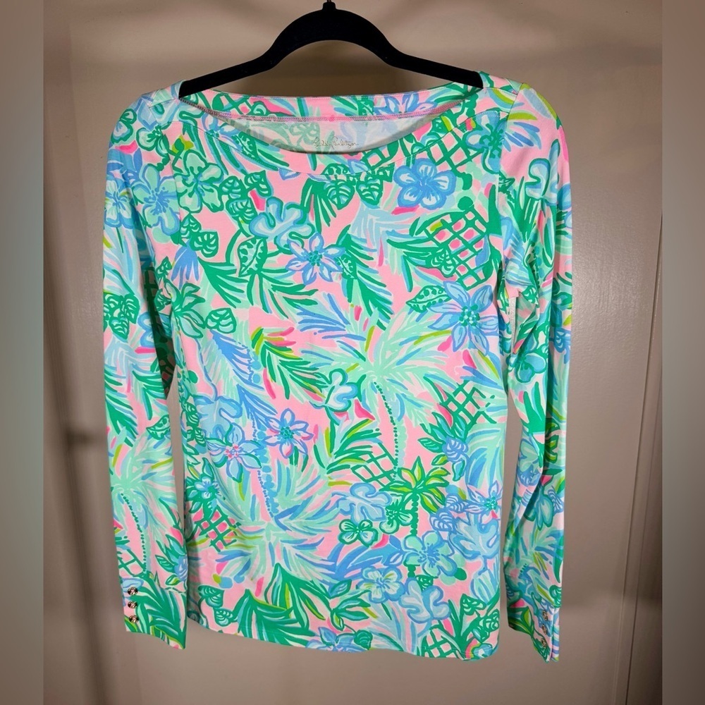 Lilly Pulitzer “Aleah” Tropical Pelican Pink Coconut Row Print Blouse Size Small - Picture 2 of 8